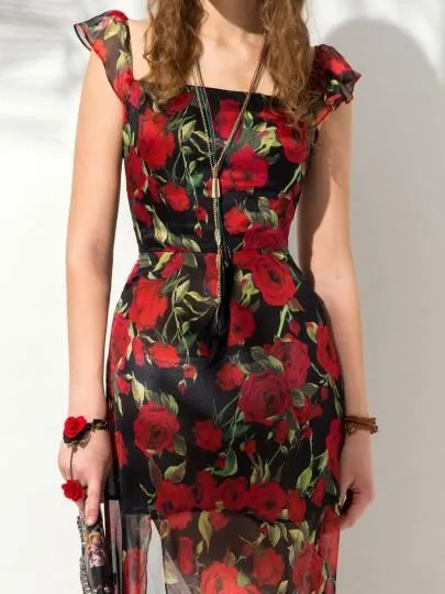 Red Floral Sleeveless Women's Maxi Dress