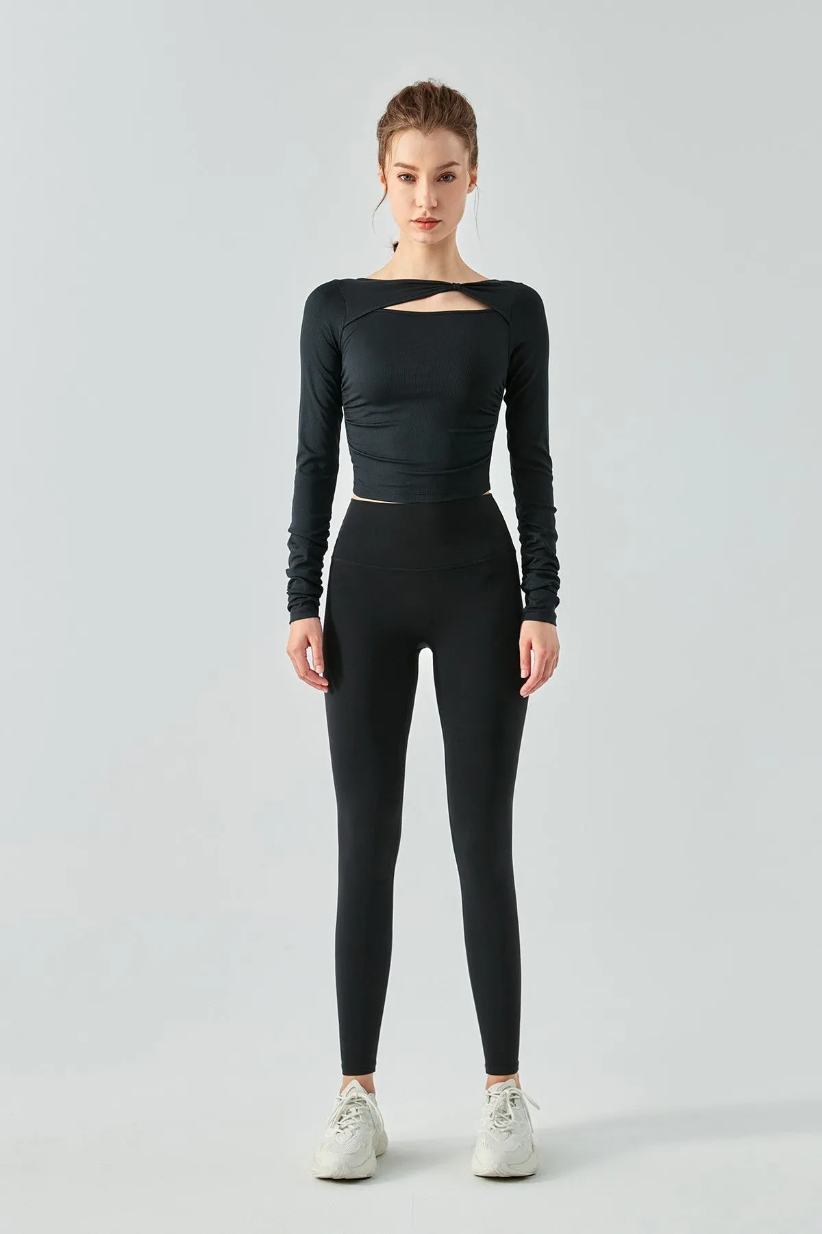 Ribbed Knit Long Sleeve Cutout Front Tops