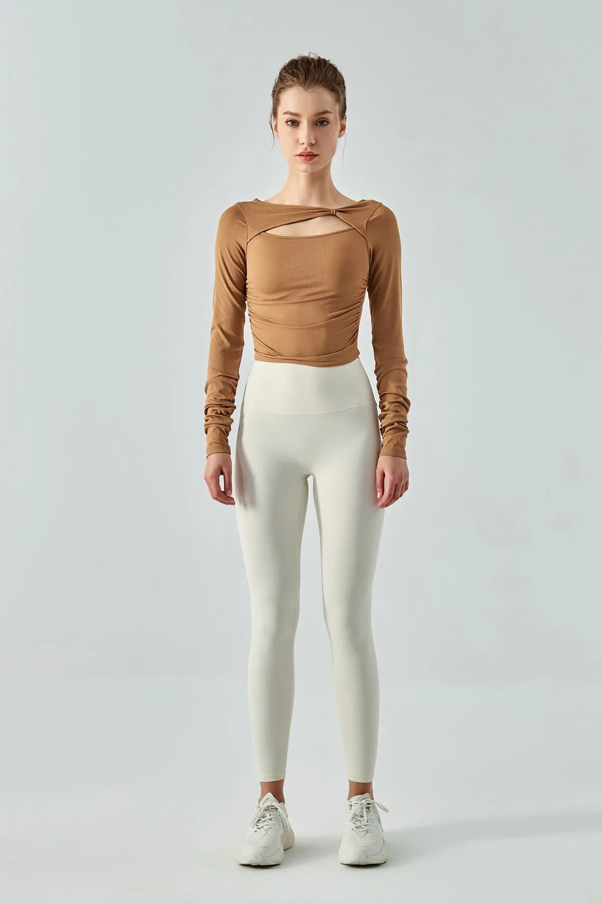 Ribbed Knit Long Sleeve Cutout Front Tops