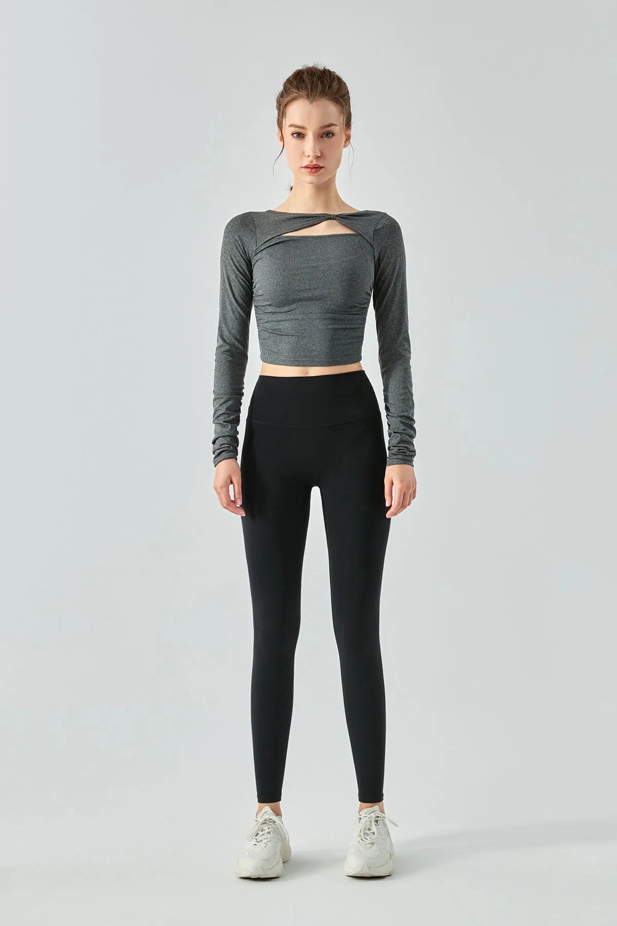 Ribbed Knit Long Sleeve Cutout Front Tops