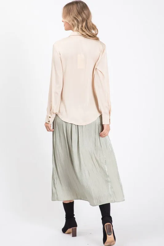 Satin Solid Button Down Long Sleeve Collar Blouse