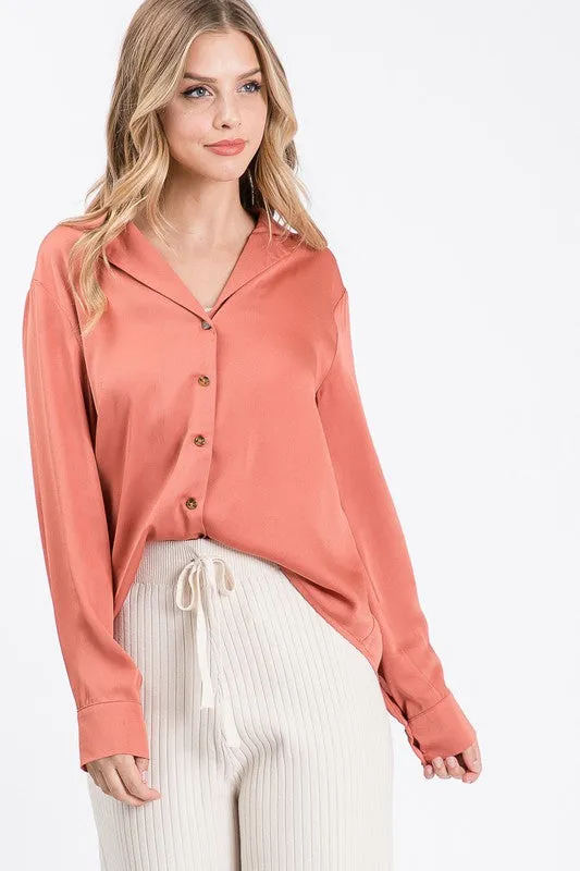 Satin Solid Button Down Long Sleeve Collar Blouse