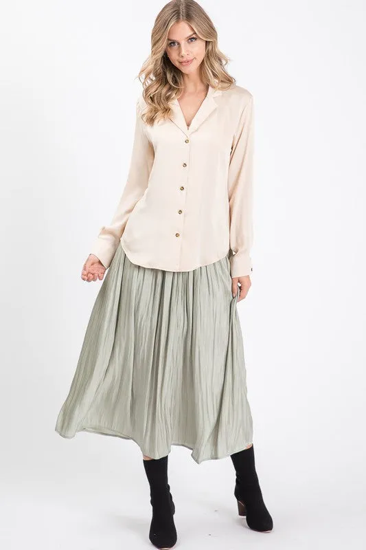 Satin Solid Button Down Long Sleeve Collar Blouse