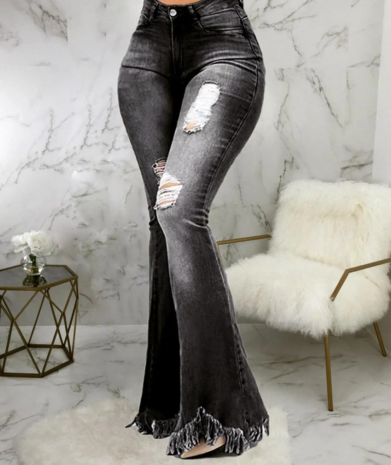 Sexyshine Women's Bell Bottom Jeans High Waisted Classic Retro Ripped Hole Denim Long Wide-Leg Flare Pants
