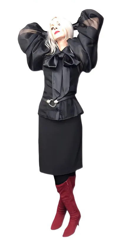 Sheer Ruched Sleeve Organza & Satin  Bow Blouse