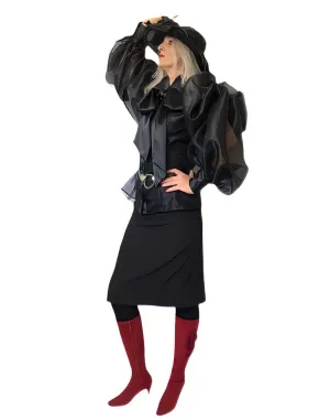 Sheer Ruched Sleeve Organza & Satin  Bow Blouse