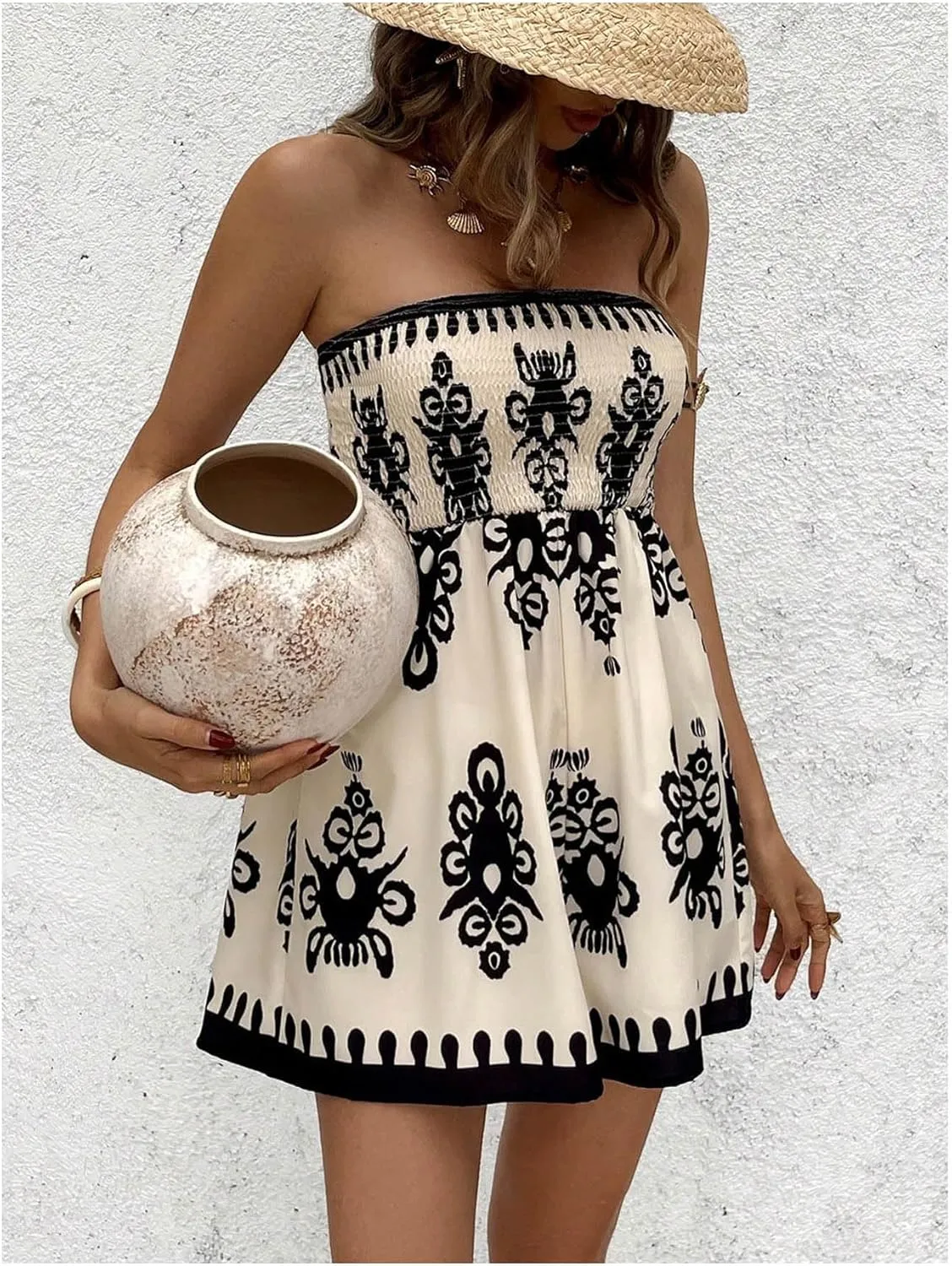 SHENHE Women's Strapless Smocked Wide Leg Flowy Tube Top Romper Boho Short Jumpsuit