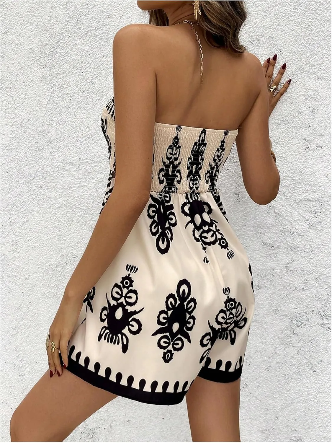 SHENHE Women's Strapless Smocked Wide Leg Flowy Tube Top Romper Boho Short Jumpsuit