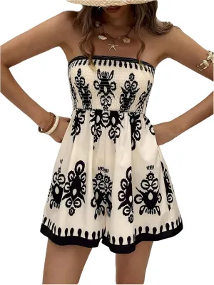 SHENHE Women's Strapless Smocked Wide Leg Flowy Tube Top Romper Boho Short Jumpsuit