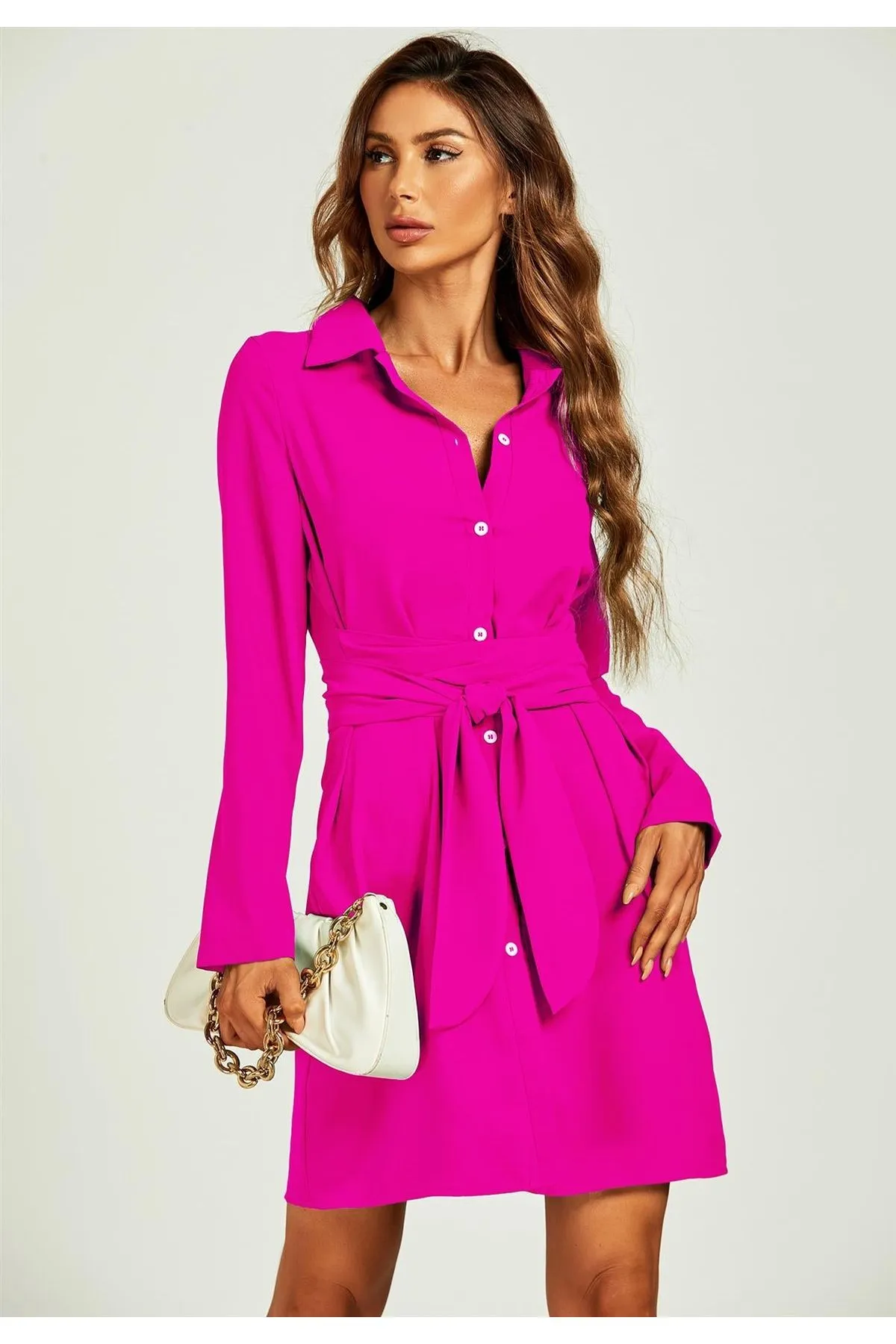 Shirt Mini Wrap Dress In Fuchsia by FS Collection
