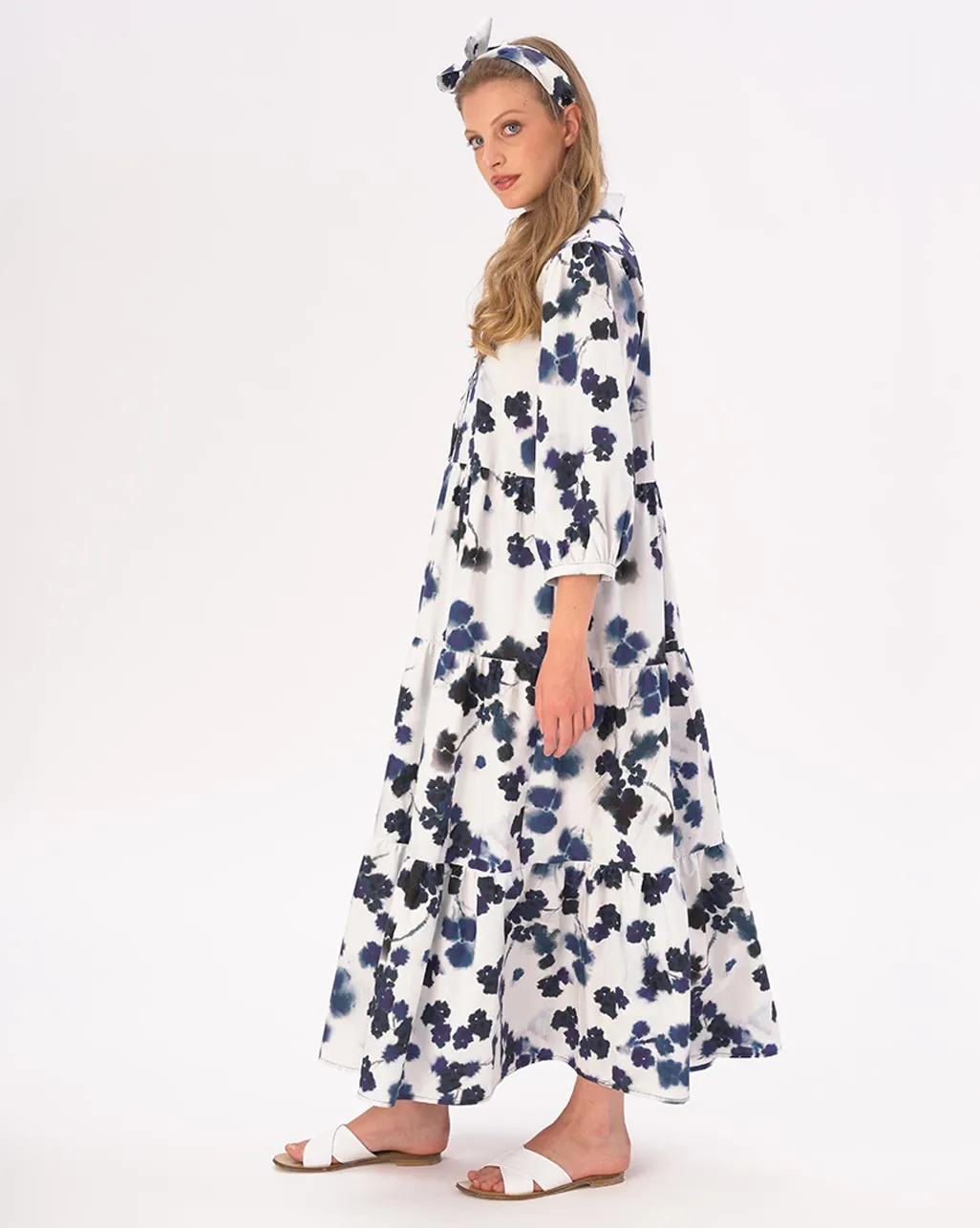Small Floral Tiered Cotton Belted Maxi Shirtdress