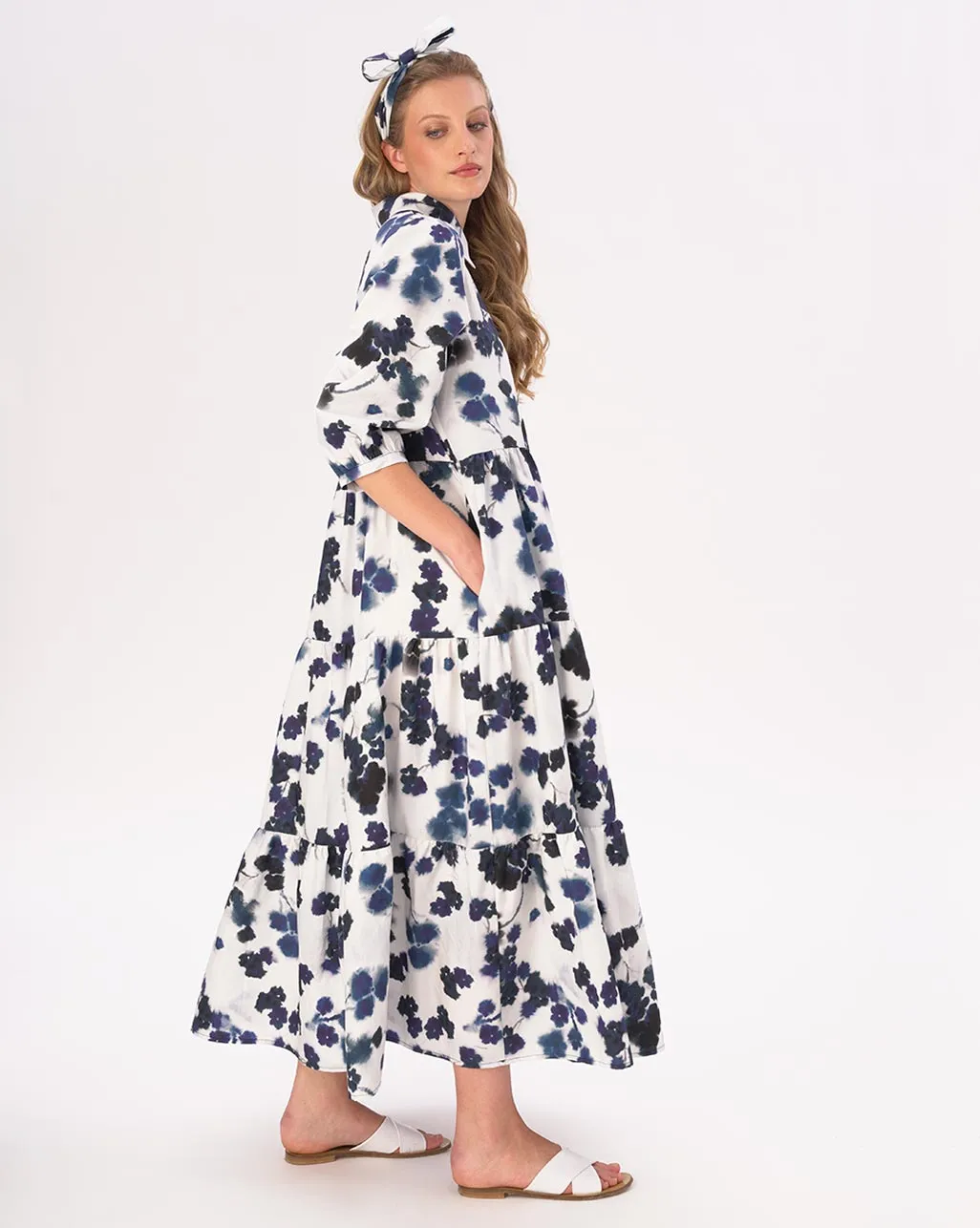 Small Floral Tiered Cotton Belted Maxi Shirtdress