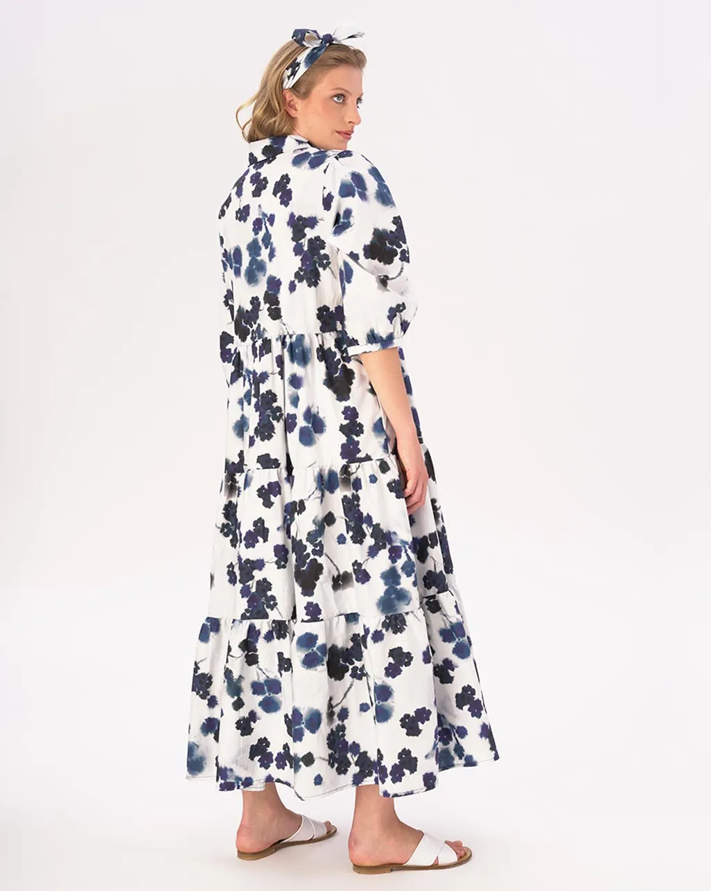 Small Floral Tiered Cotton Belted Maxi Shirtdress