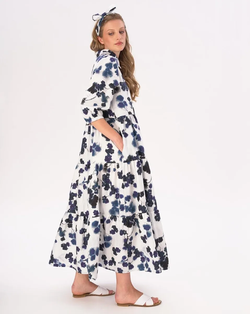 Small Floral Tiered Cotton Belted Maxi Shirtdress