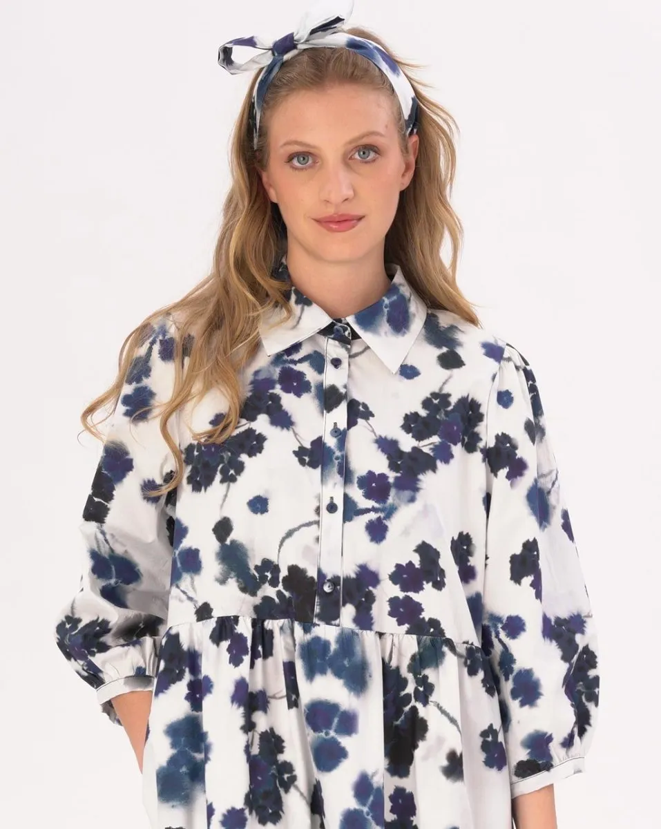 Small Floral Tiered Cotton Belted Maxi Shirtdress