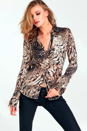 Snow Leopard Button Down Shirt - Brown