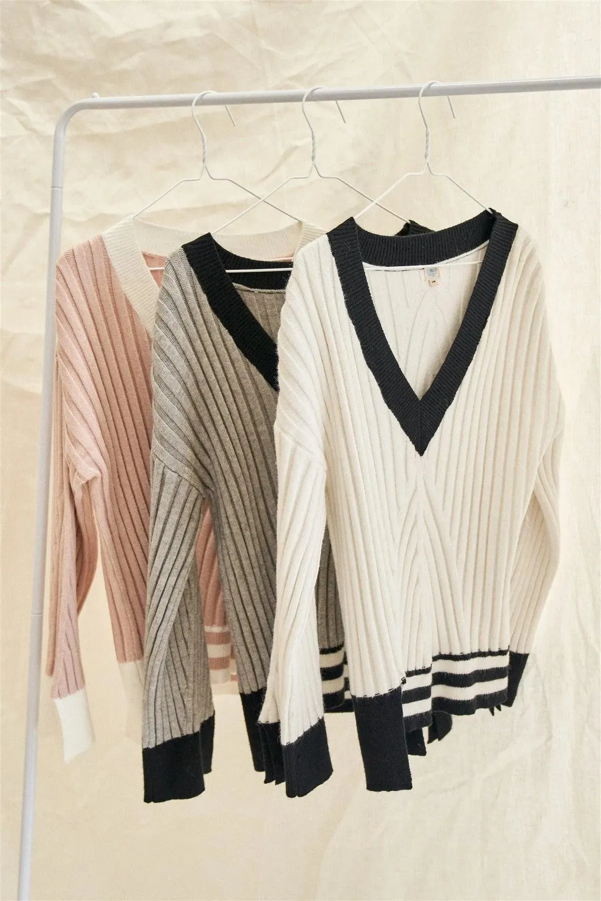 Snow White Thick Plush Knit Black Block Stripped Sweater