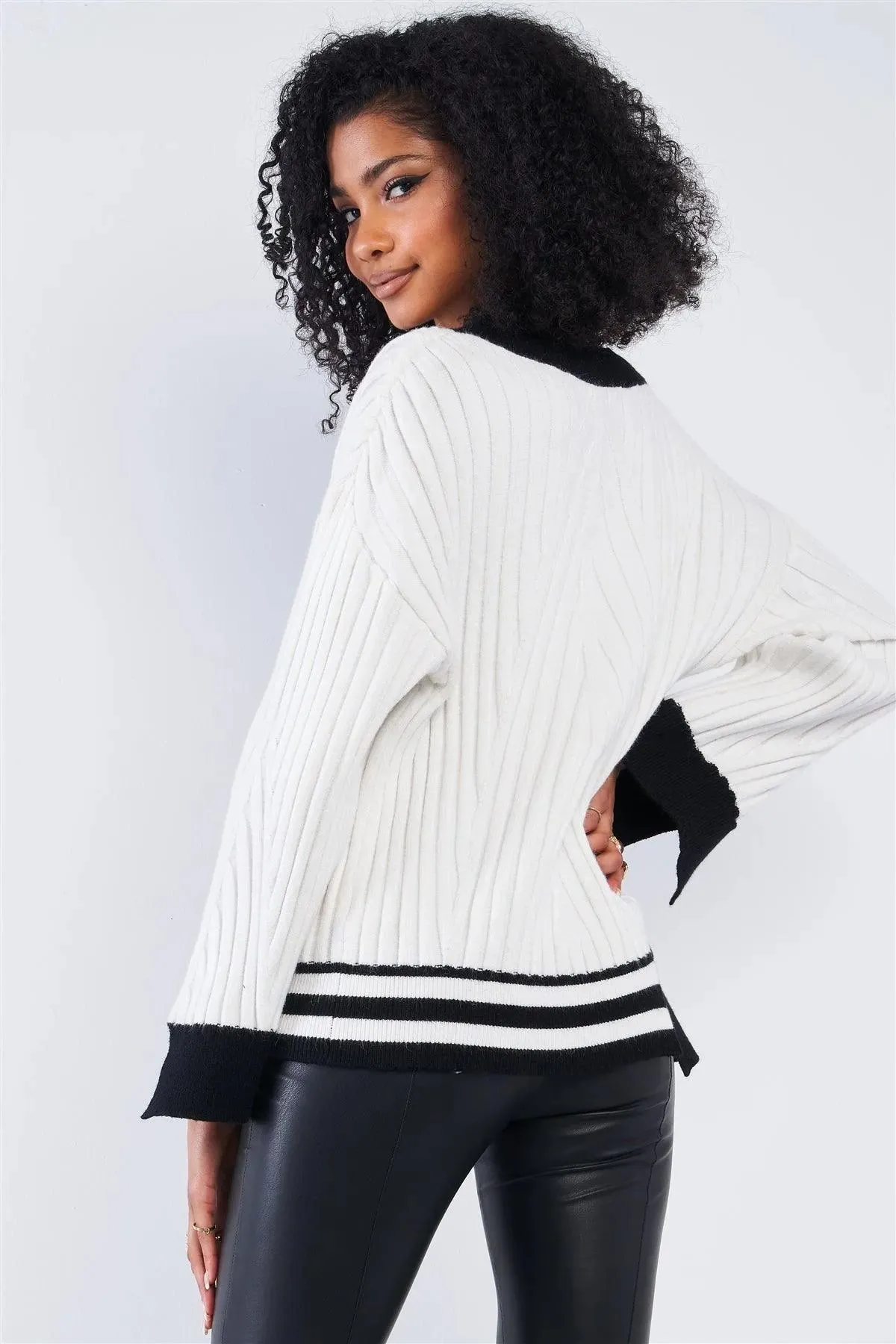 Snow White Thick Plush Knit Black Block Stripped Sweater