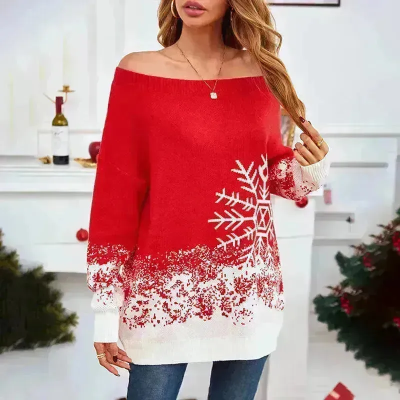 Snowflake Off-the-shoulder Cashmere Christmas Sweater top Women