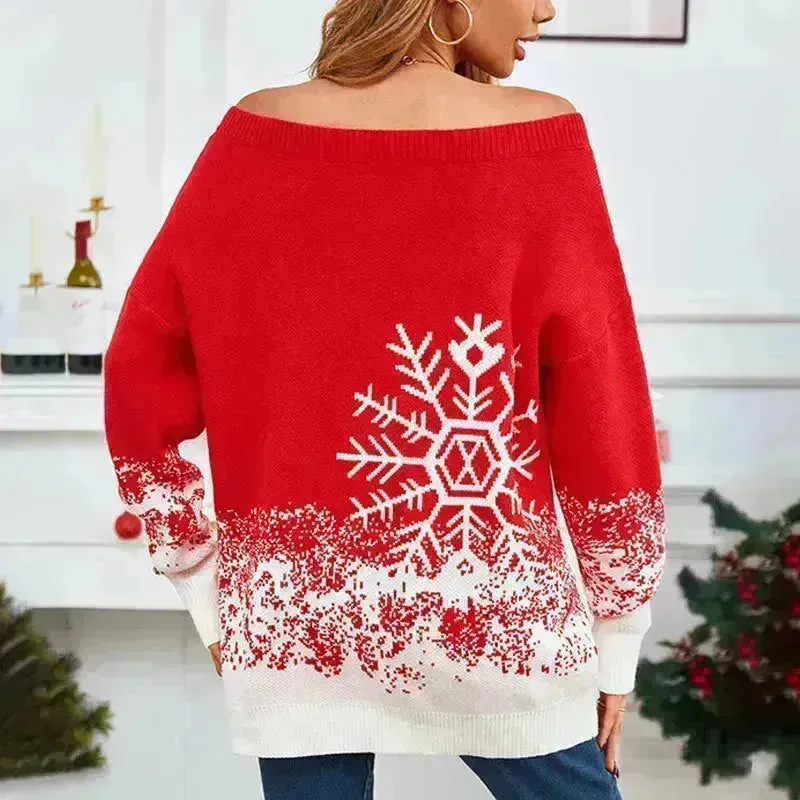 Snowflake Off-the-shoulder Cashmere Christmas Sweater top Women