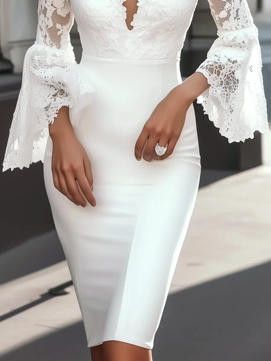 Sophisticated White Bodycon Dress with Flared Lace Sleeves
