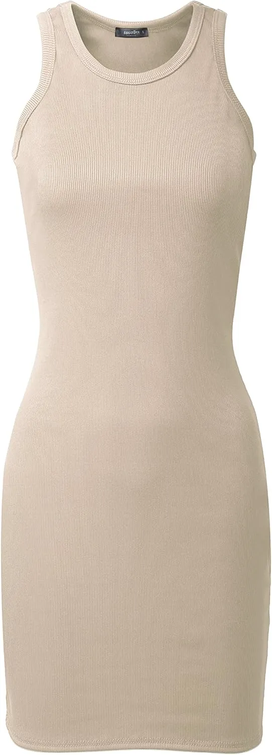 SSOULM Women's Ribbed Scoop Neck Sleeveless Tank Fitted Bodycon Short Dresses