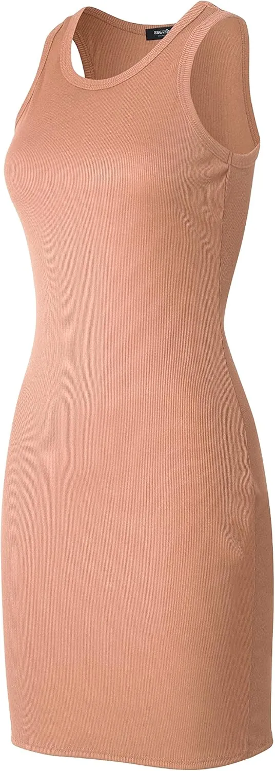 SSOULM Women's Ribbed Scoop Neck Sleeveless Tank Fitted Bodycon Short Dresses