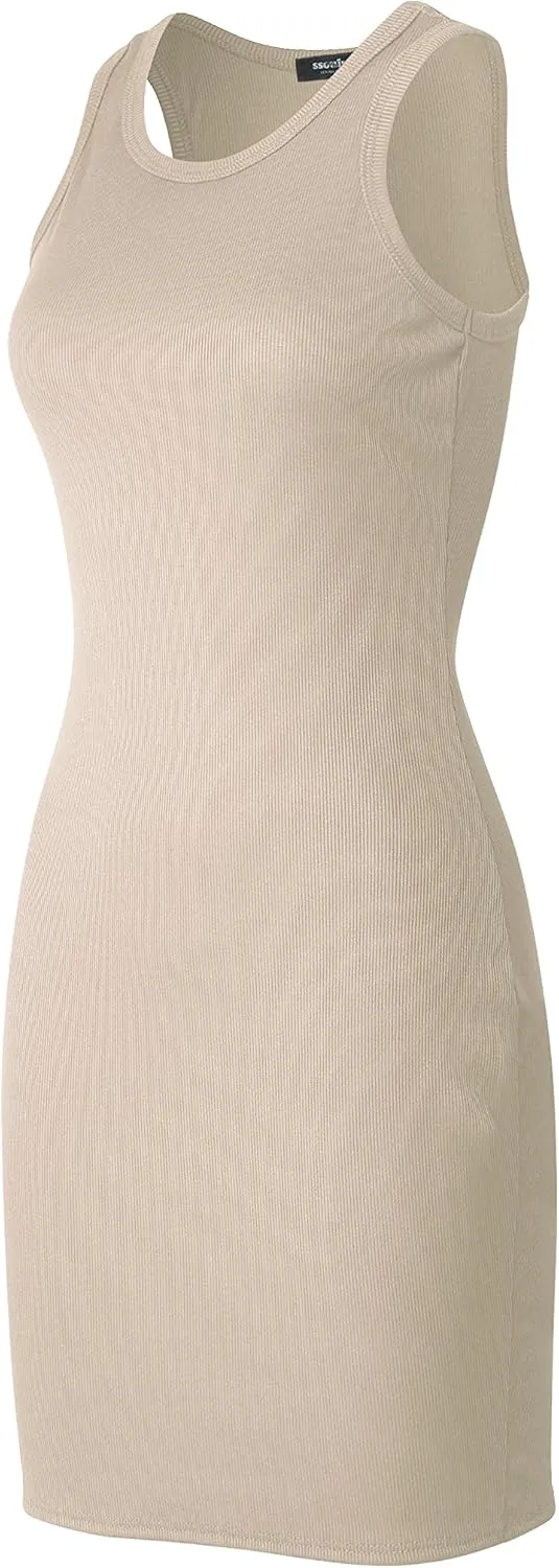 SSOULM Women's Ribbed Scoop Neck Sleeveless Tank Fitted Bodycon Short Dresses