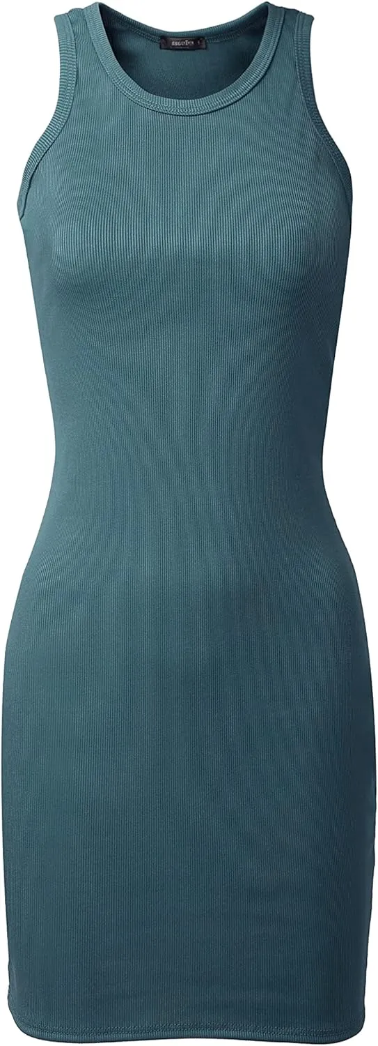 SSOULM Women's Ribbed Scoop Neck Sleeveless Tank Fitted Bodycon Short Dresses