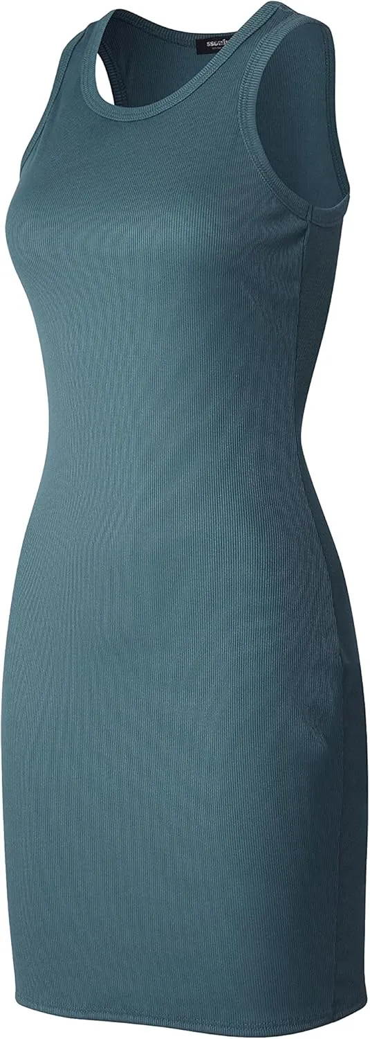 SSOULM Women's Ribbed Scoop Neck Sleeveless Tank Fitted Bodycon Short Dresses