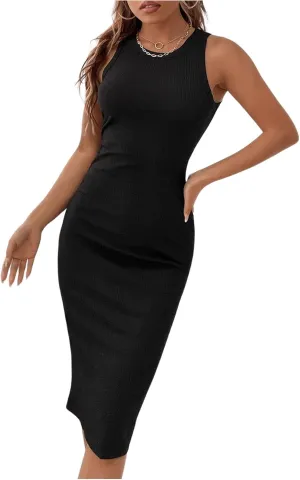 SweatyRocks Women's Basic Sleeveless Ribbed Knit Bodycon Tank Dress Midi Fitted Sundress