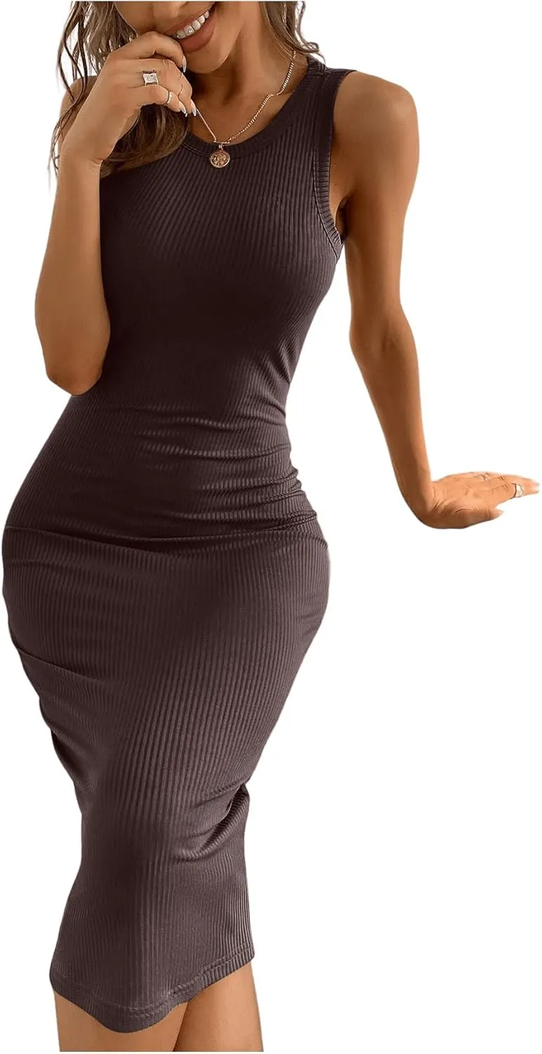 SweatyRocks Women's Basic Sleeveless Ribbed Knit Bodycon Tank Dress Midi Fitted Sundress