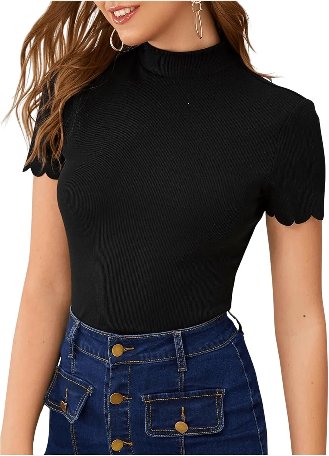 SweatyRocks Women's Mock Neck Ribbed Knit Scallop Short Sleeve T Shirt Tops