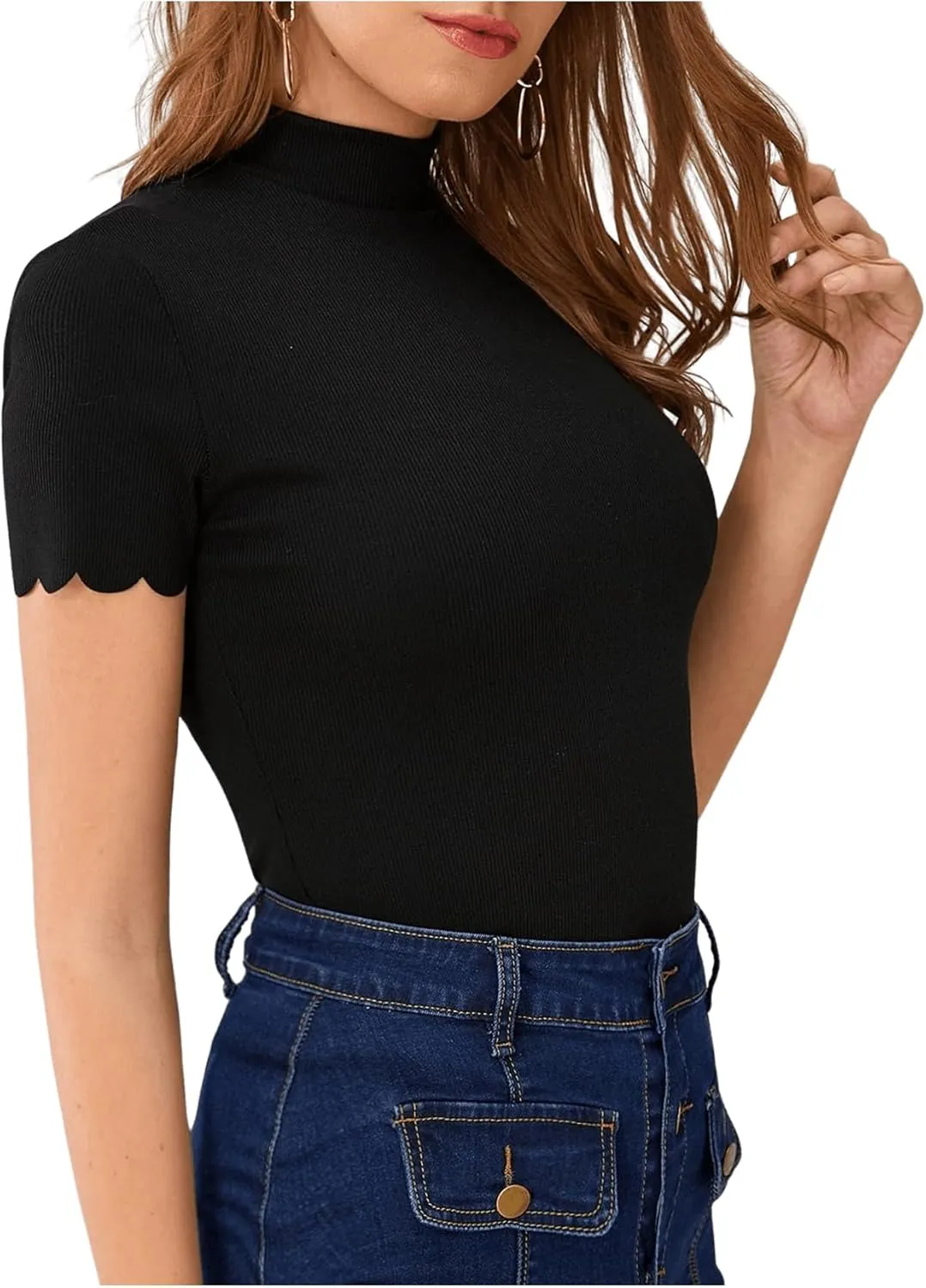 SweatyRocks Women's Mock Neck Ribbed Knit Scallop Short Sleeve T Shirt Tops