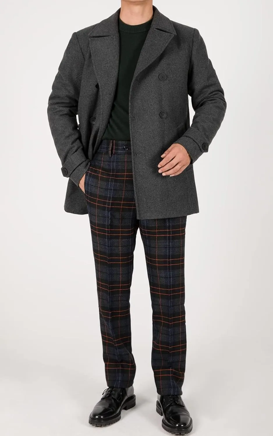 ThCreasa Mens Classic Double Breasted Pea Coat Wool Blend Quilted Lined Notched Collar Overcoat Trench Coat