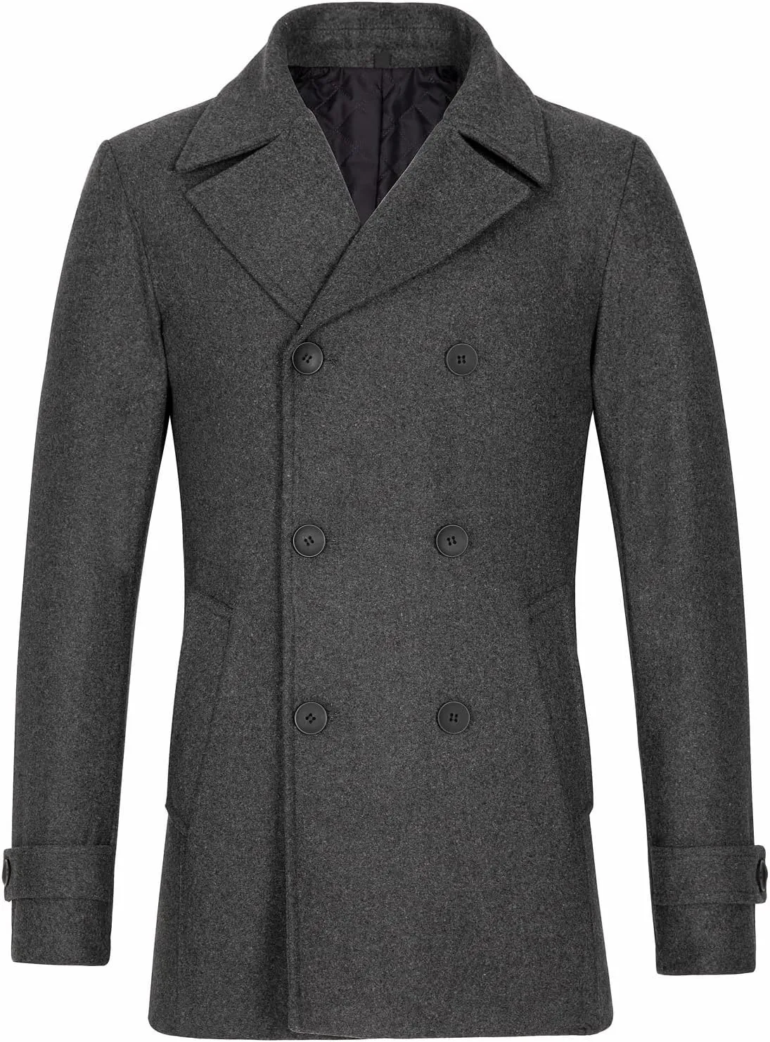 ThCreasa Mens Classic Double Breasted Pea Coat Wool Blend Quilted Lined Notched Collar Overcoat Trench Coat