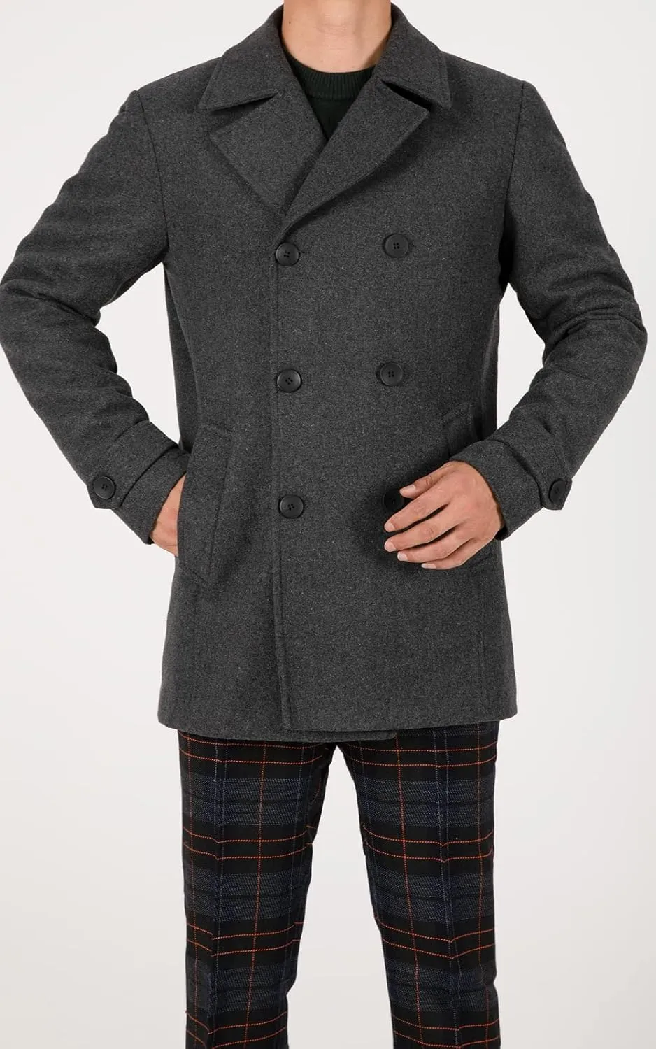 ThCreasa Mens Classic Double Breasted Pea Coat Wool Blend Quilted Lined Notched Collar Overcoat Trench Coat
