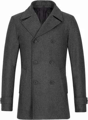 ThCreasa Mens Classic Double Breasted Pea Coat Wool Blend Quilted Lined Notched Collar Overcoat Trench Coat
