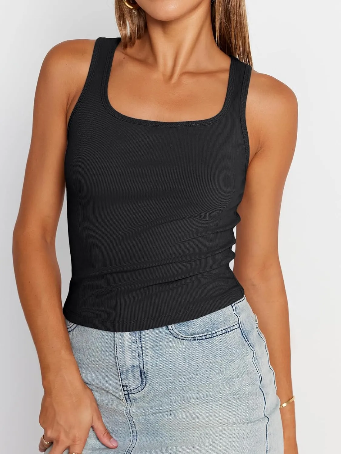 Trendy Queen Womens Summer Tank Tops Square Neck Ribbed Sleeveless Basic Crop Going Out Slim Fitted Y2k Clothes 2025