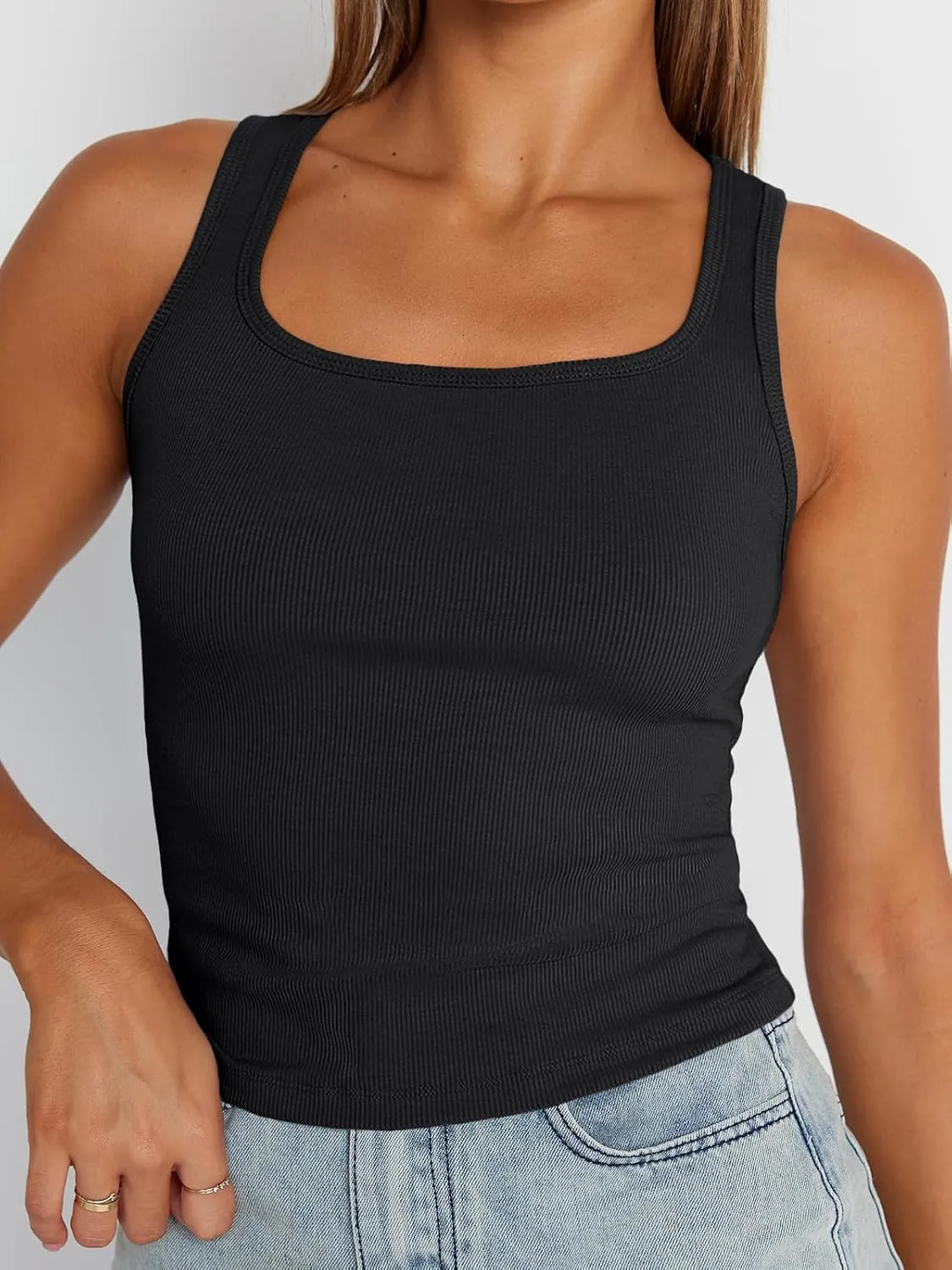 Trendy Queen Womens Summer Tank Tops Square Neck Ribbed Sleeveless Basic Crop Going Out Slim Fitted Y2k Clothes 2025