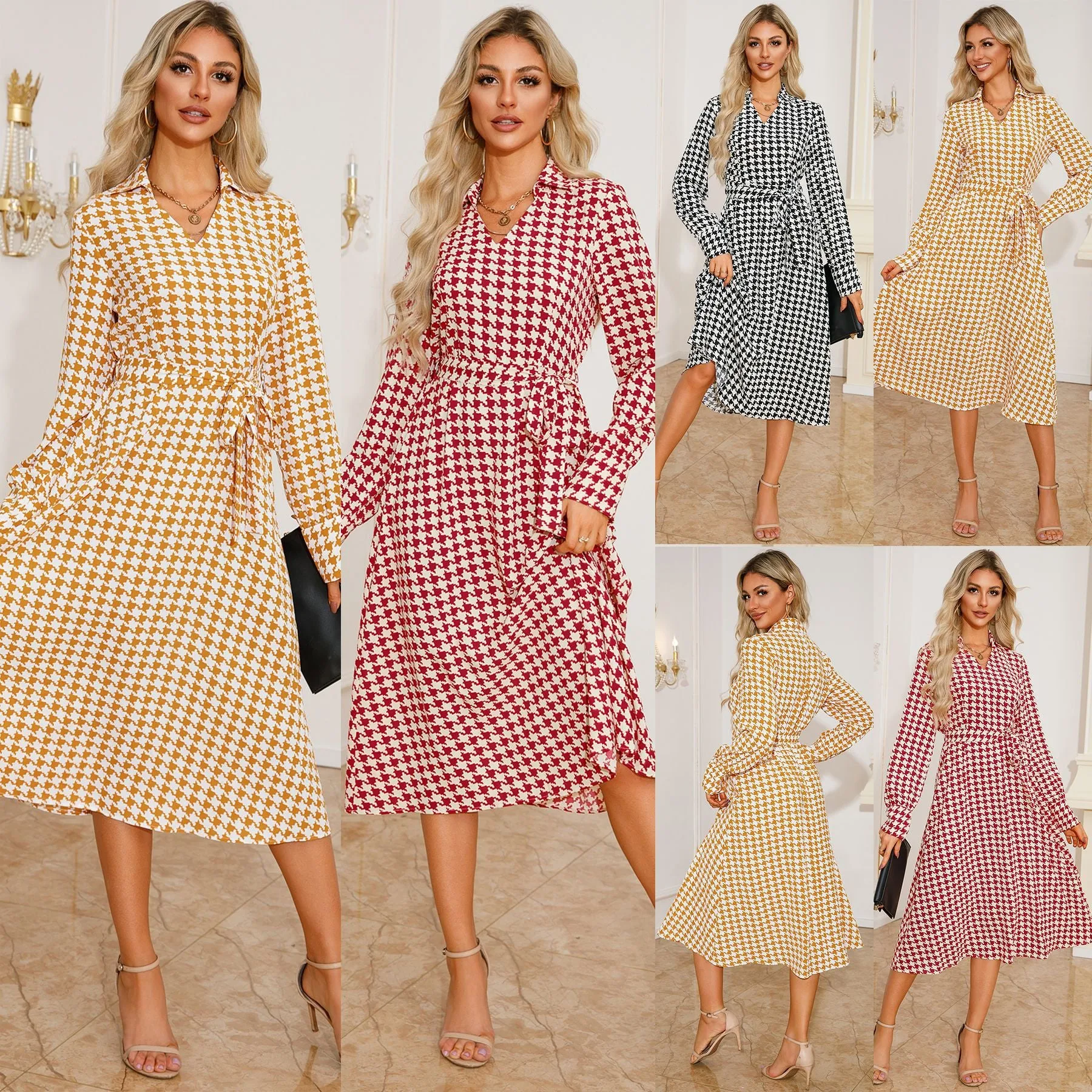 V-Neck Houndstooth Print Slim Belted Shirt Dress Wholesale Womens Clothing N3824091200183