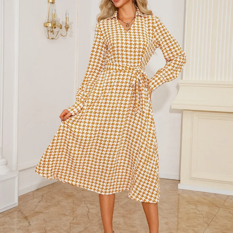 V-Neck Houndstooth Print Slim Belted Shirt Dress Wholesale Womens Clothing N3824091200183