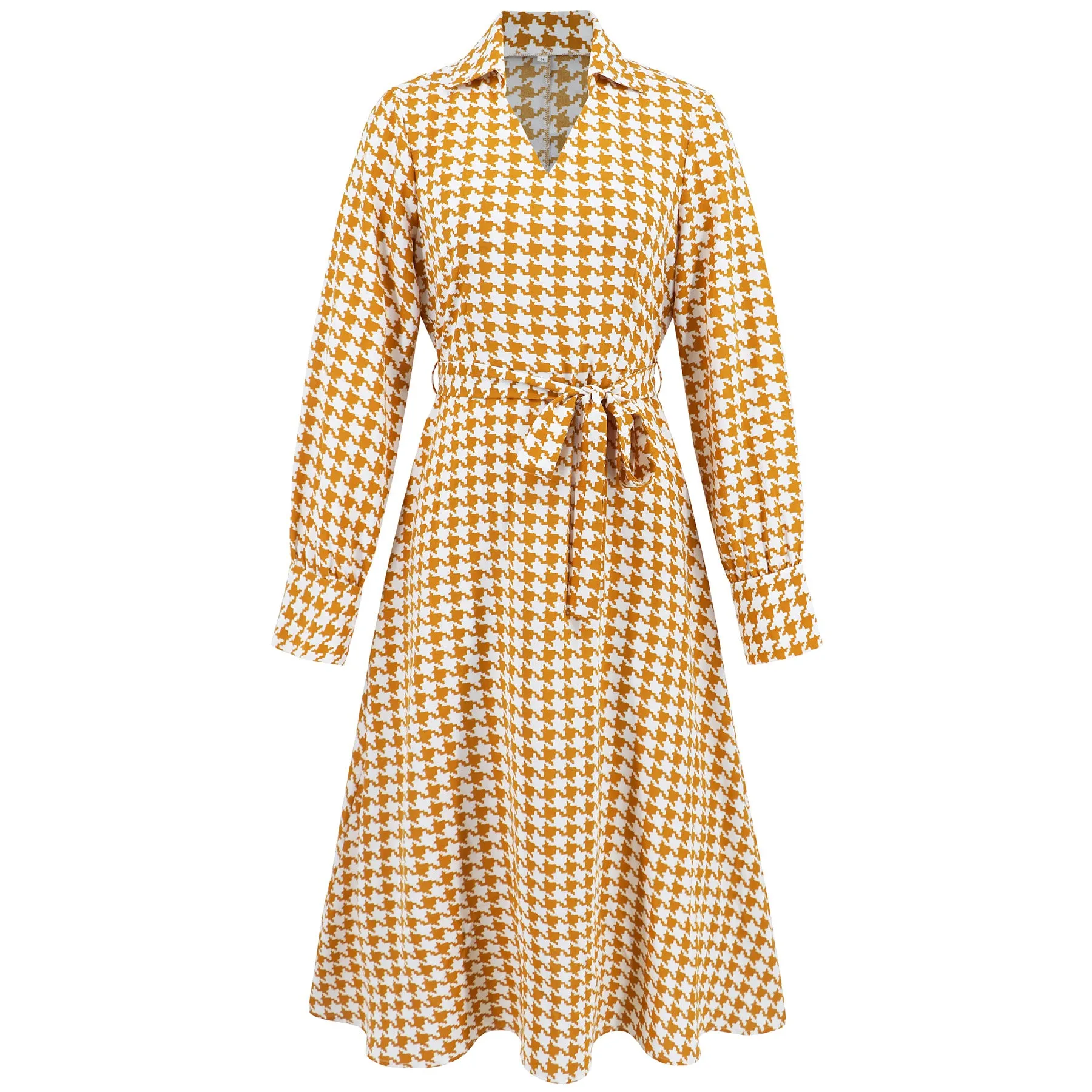 V-Neck Houndstooth Print Slim Belted Shirt Dress Wholesale Womens Clothing N3824091200183