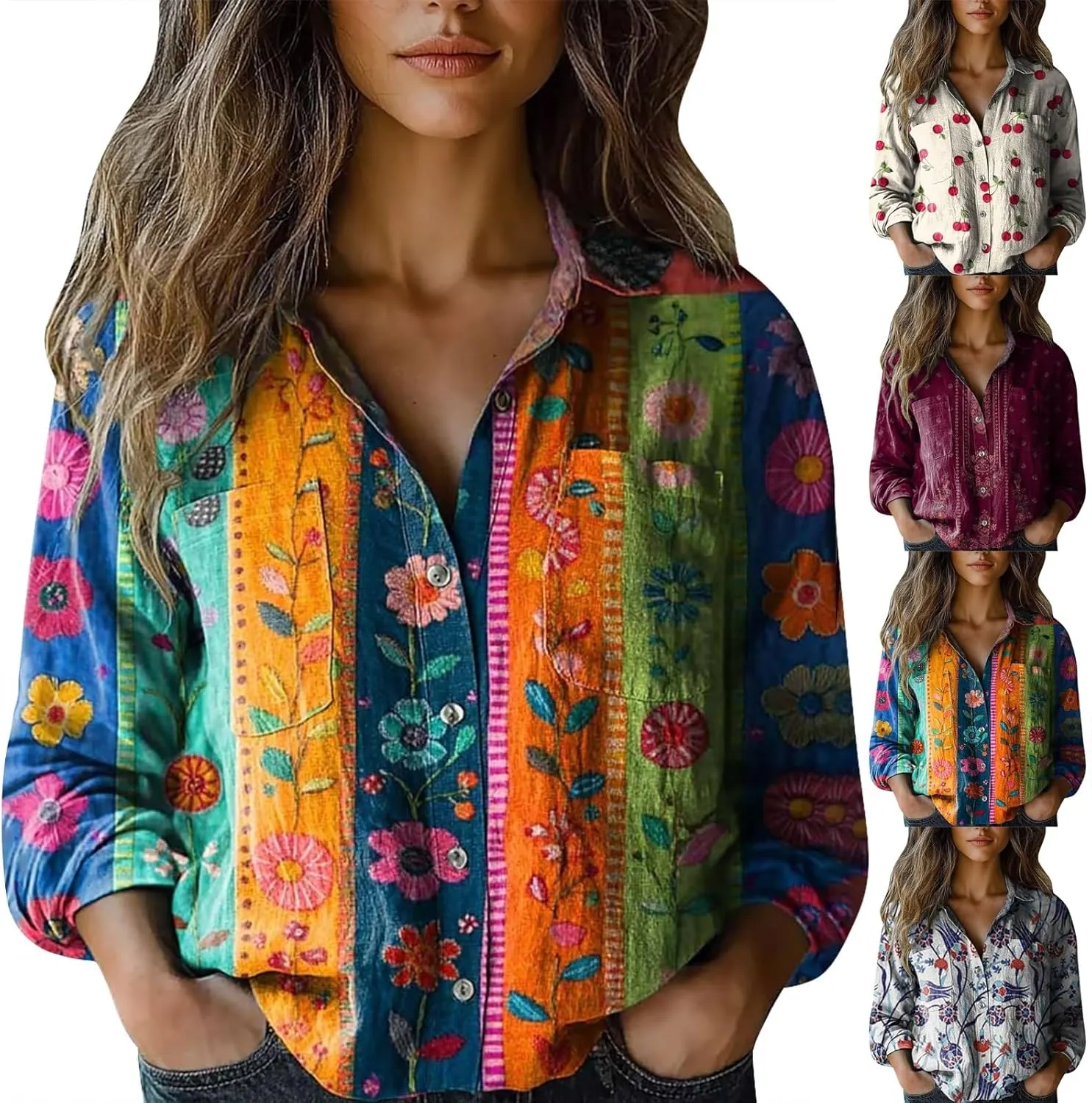 Vintage Boho Tops for Women Floral Print Shirt Casual Long Sleeve Button Down Blouses Dressy T-Shirts with Pocket