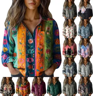 Vintage Boho Tops for Women Floral Print Shirt Casual Long Sleeve Button Down Blouses Dressy T-Shirts with Pocket