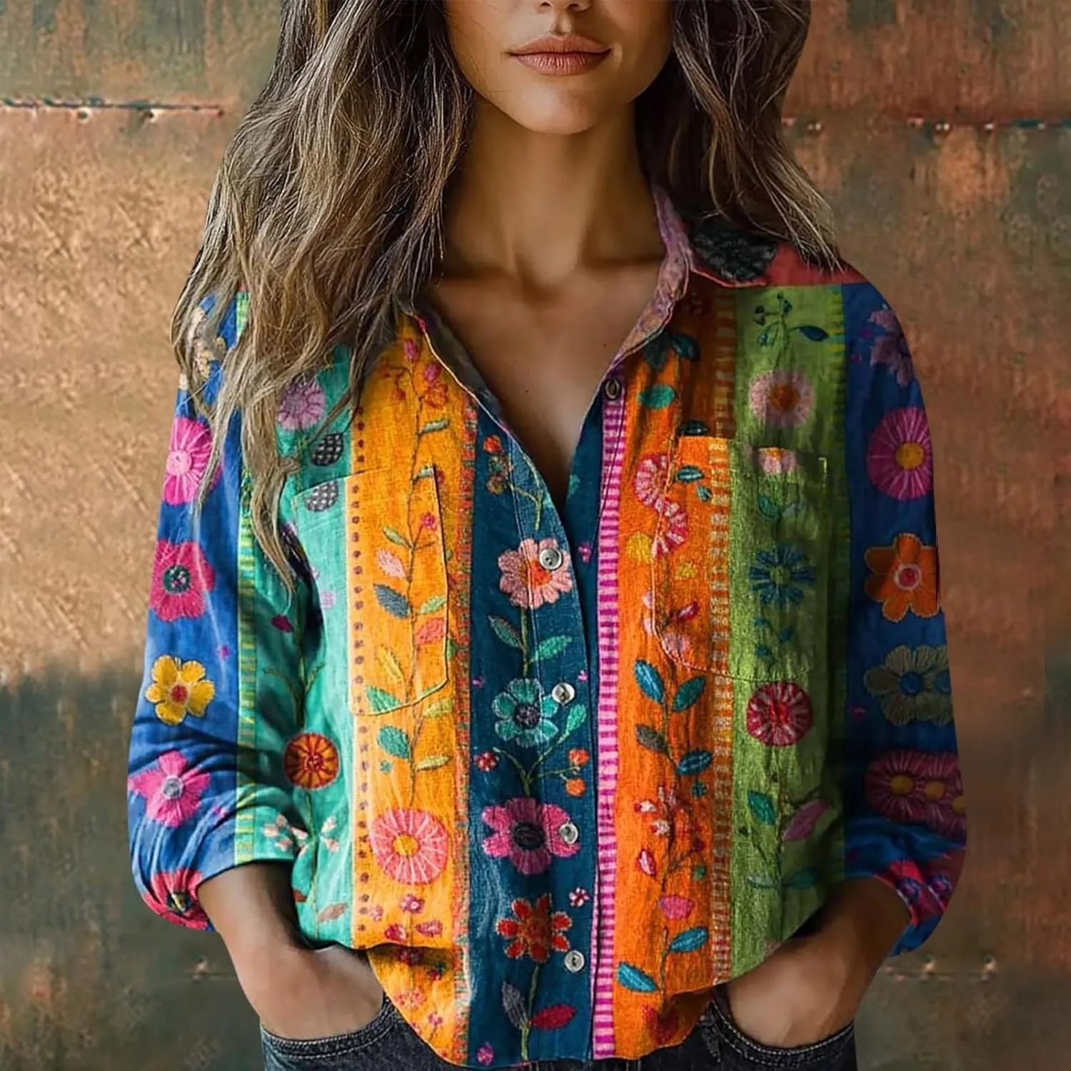 Vintage Boho Tops for Women Floral Print Shirt Casual Long Sleeve Button Down Blouses Dressy T-Shirts with Pocket