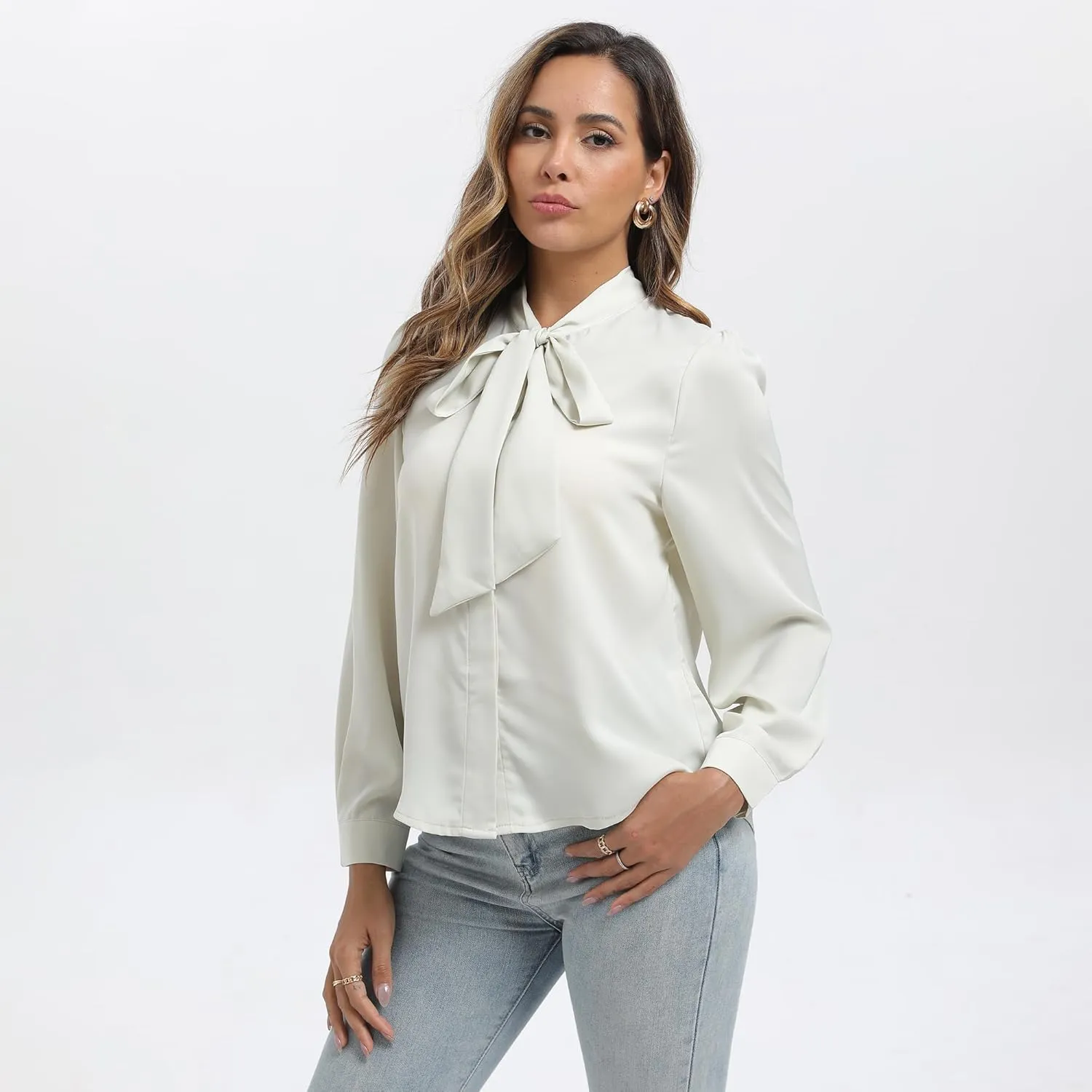 Womens Cream Satin Bow Tie Neck Button Down Shirt Long Sleeve Top Dressy Business Casual Blouse
