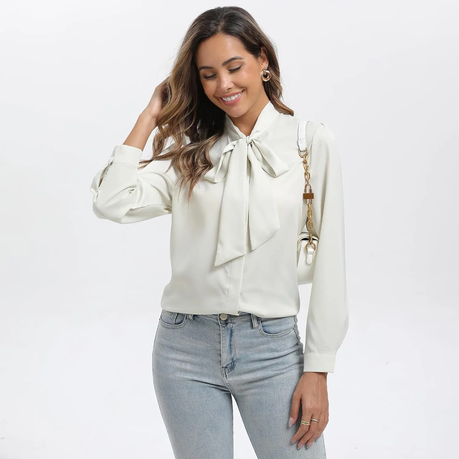 Womens Cream Satin Bow Tie Neck Button Down Shirt Long Sleeve Top Dressy Business Casual Blouse