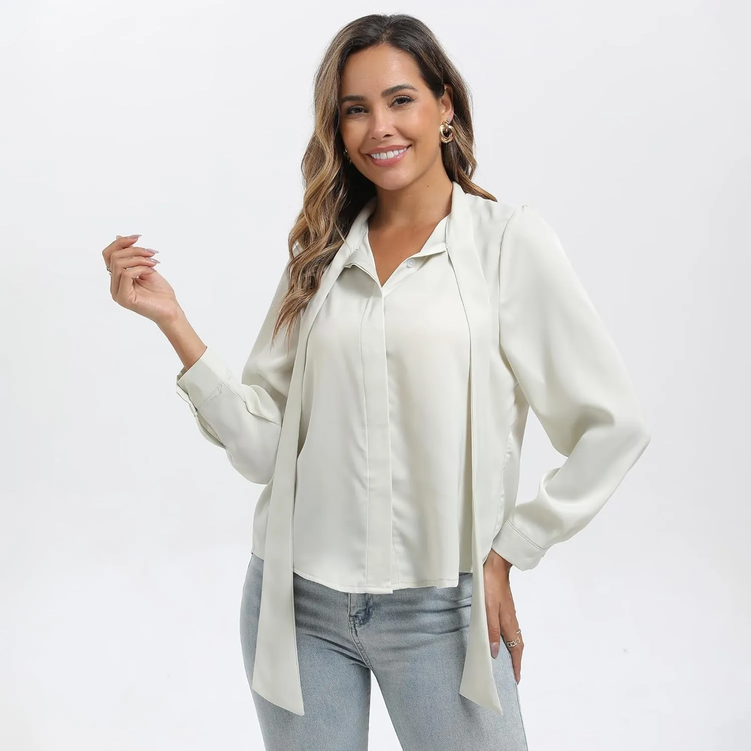 Womens Cream Satin Bow Tie Neck Button Down Shirt Long Sleeve Top Dressy Business Casual Blouse