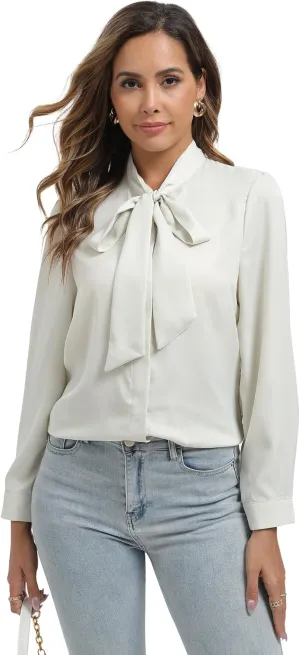 Womens Cream Satin Bow Tie Neck Button Down Shirt Long Sleeve Top Dressy Business Casual Blouse